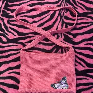 Pink Knit Crossbody Bag with Butterfly Patch